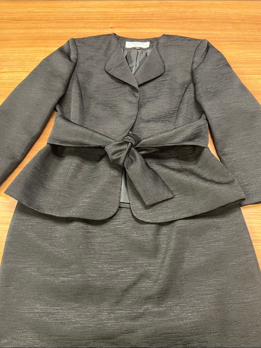 Tahari Tie-Waist Black Peplum Jacket and Skirt -